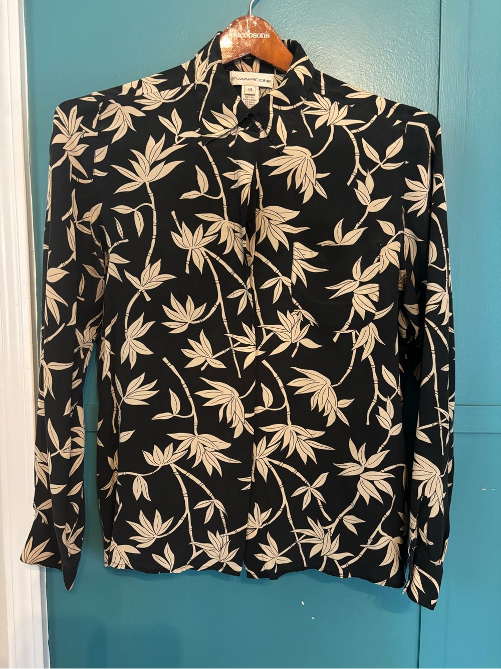 Evan Picone Black Floral Button-Down Shirt 100% Silk Size 14